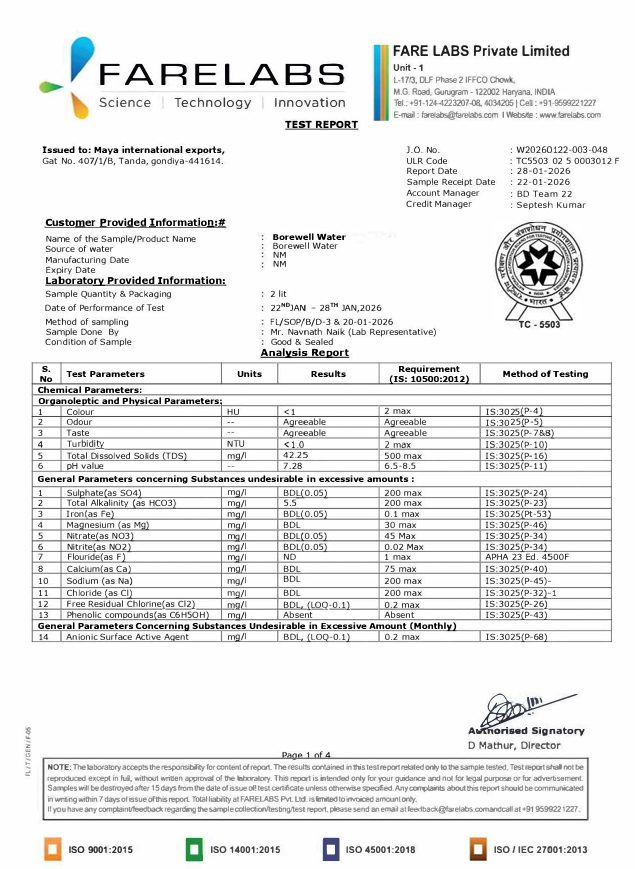 Source Water Test Report — FARE LABS
